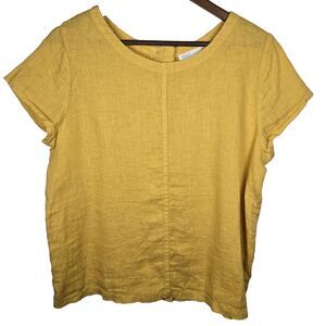 C&C California Mustard Linen Short Sleeve Artsy Boho Top Large